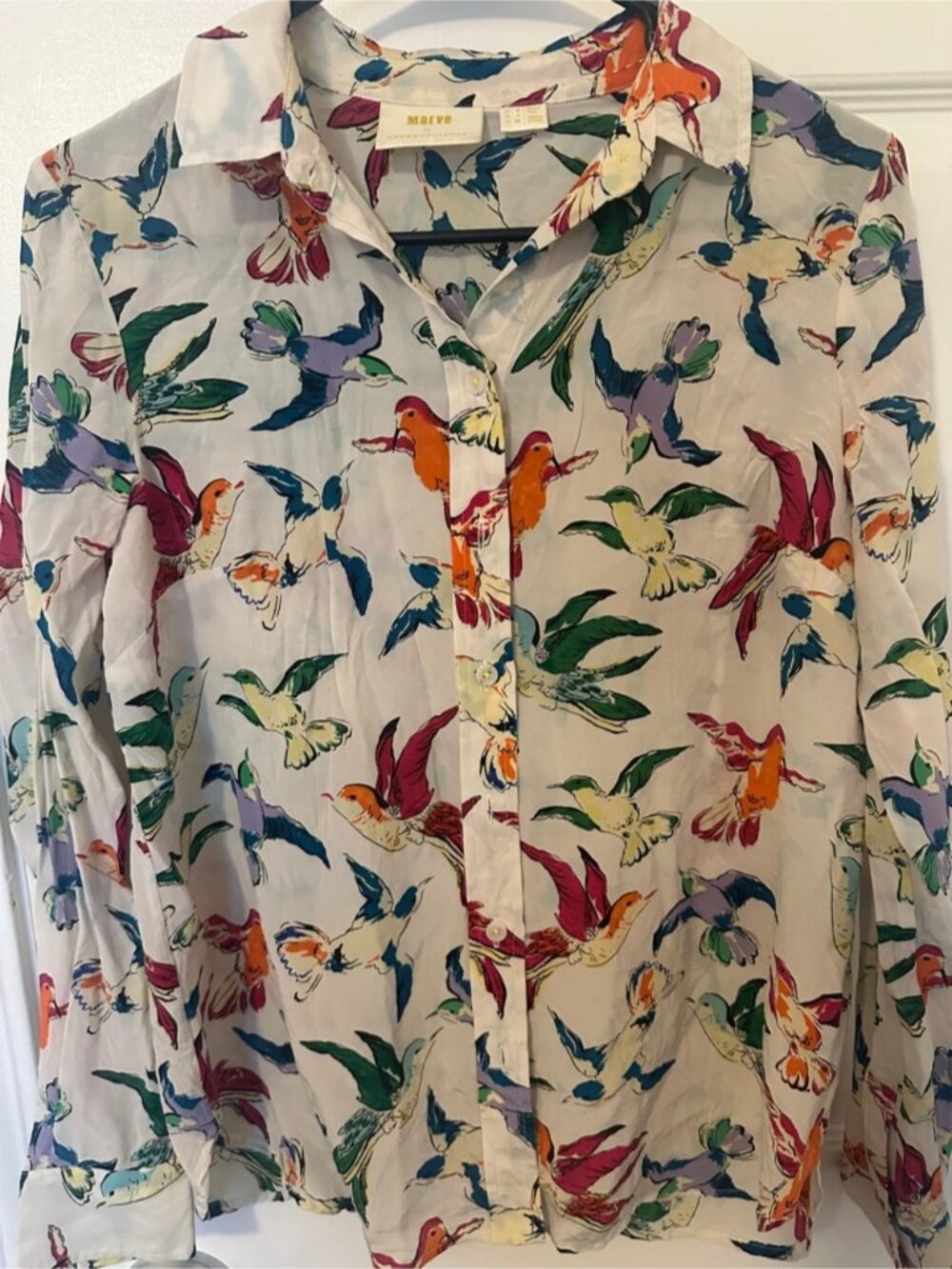 Anthropologie-Maeve Cream Blouse with Colorful Bird Print - Picture 3 of 8